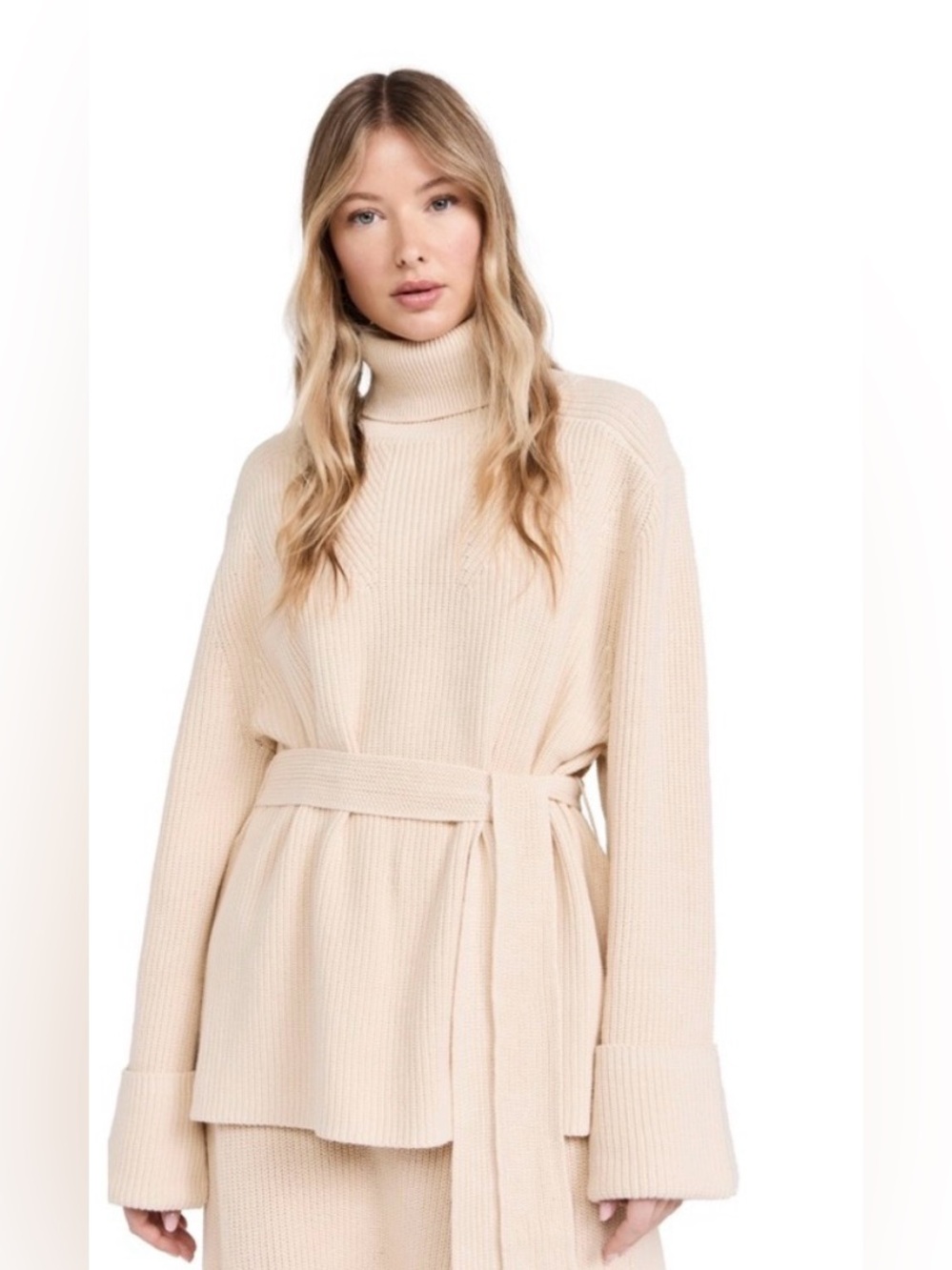 Ribbed Turtleneck Sweater with Self-Tie Belt in Cream